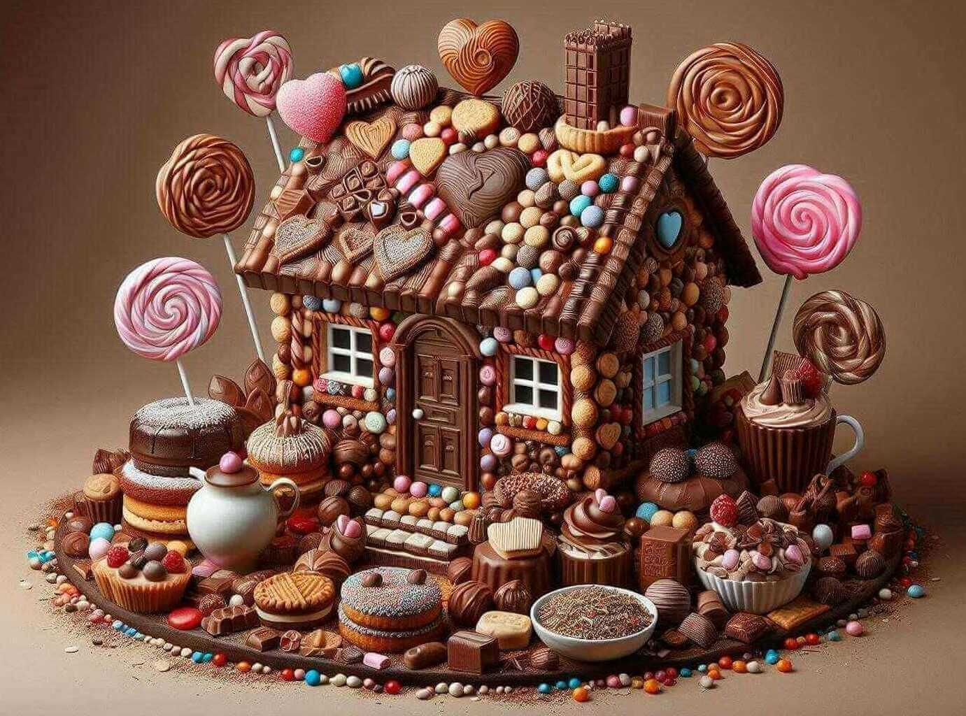 Torta-u-obliku-slatke-kuće-od-čokolade-i-raznih-slatkiša-bombonica-lizalica-dekorativnih-šarenih-jestivih-poslastica.